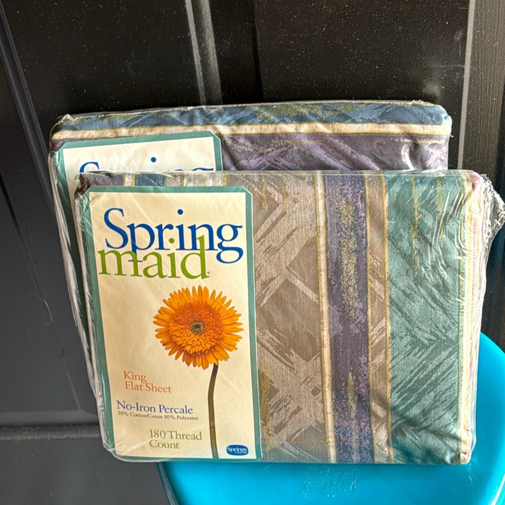 NOS Spring Maid King flat king fitted 2 piece set 180 thread count USA made